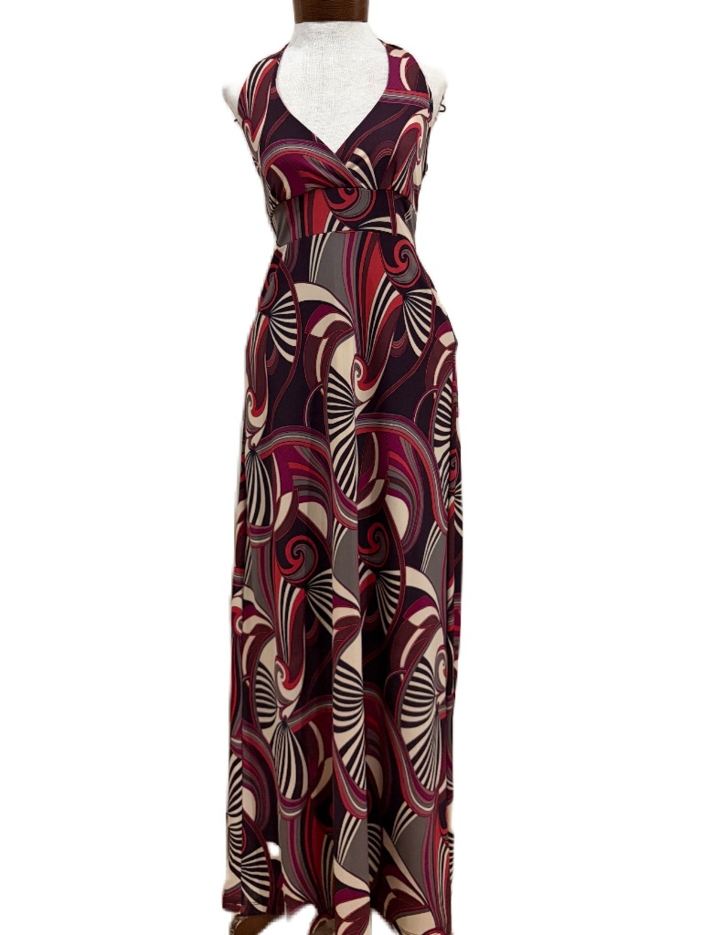 Le Chateau Mod halter maxi dress multi color swirl print Small